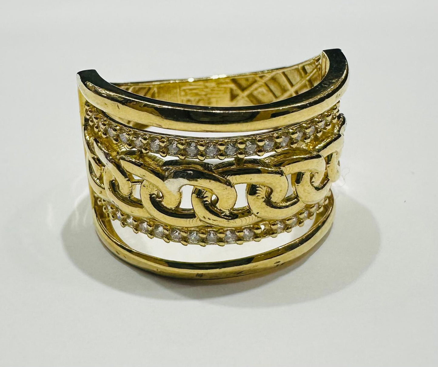 10K GOLD CZ STONE CHAIN LINK RING - SIZE: 7.6 WEIGHT: 3.6gm