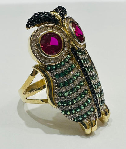 10K GOLD OWL CZ STONES RING -SIZE: 9.0  WEIGHT: 5.4gm