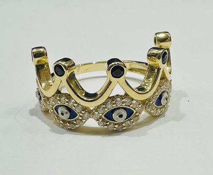 10K GOLD CZ STONES EVIL EYE CROWN RING -SIZE: 8.0 WEIGHT: 3.4gm
