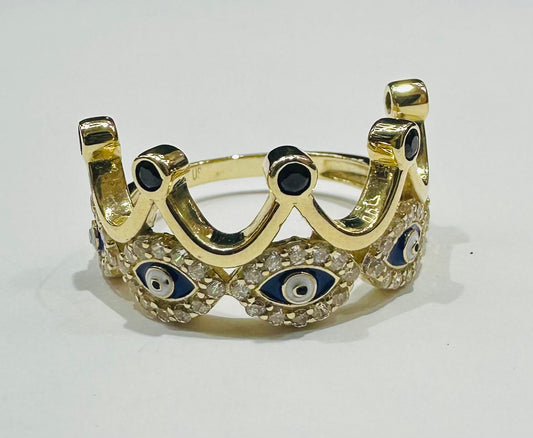 10K GOLD CZ STONES EVIL EYE CROWN RING -SIZE: 8.0 WEIGHT: 3.4gm