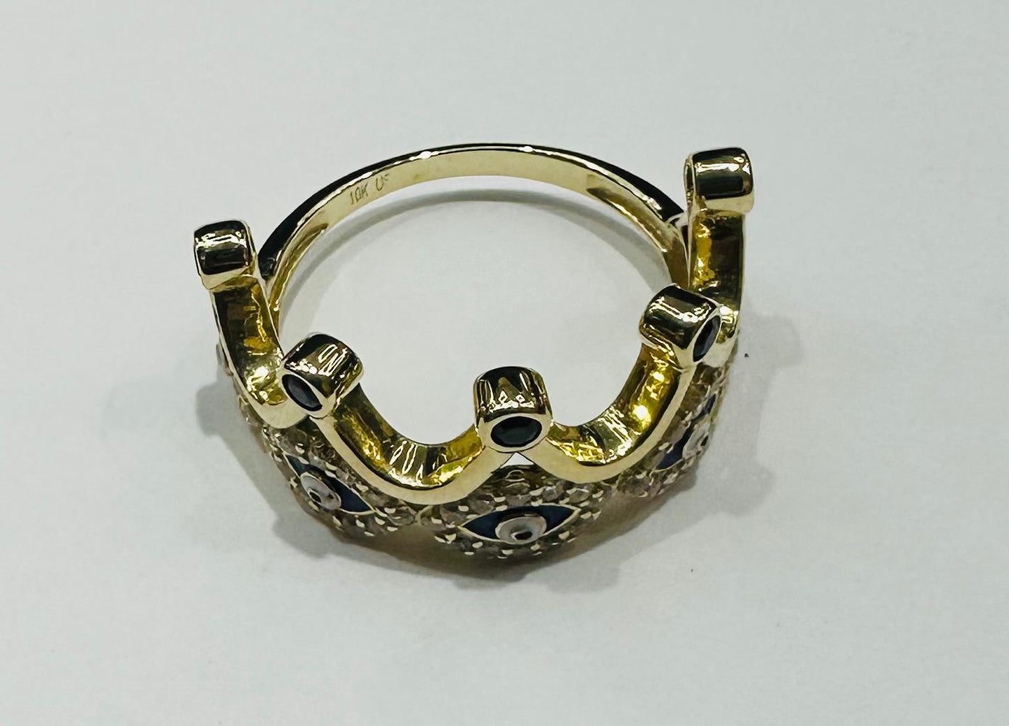 10K GOLD CZ STONES EVIL EYE CROWN RING -SIZE: 8.0 WEIGHT: 3.4gm