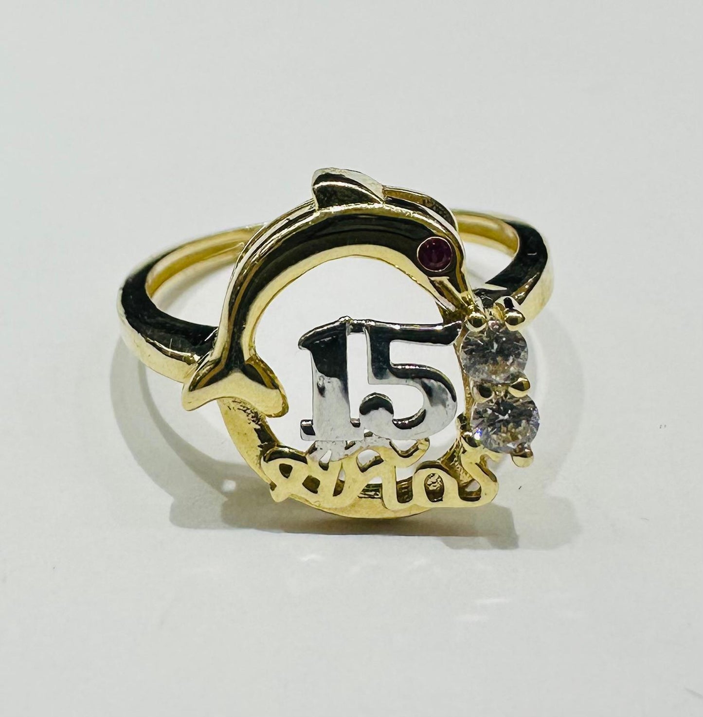 10K GOLD QUINCEANERA DOLPHIN RING WITH CZ STONES -SIZE: 7.0 WEIGHT: 1.8gm