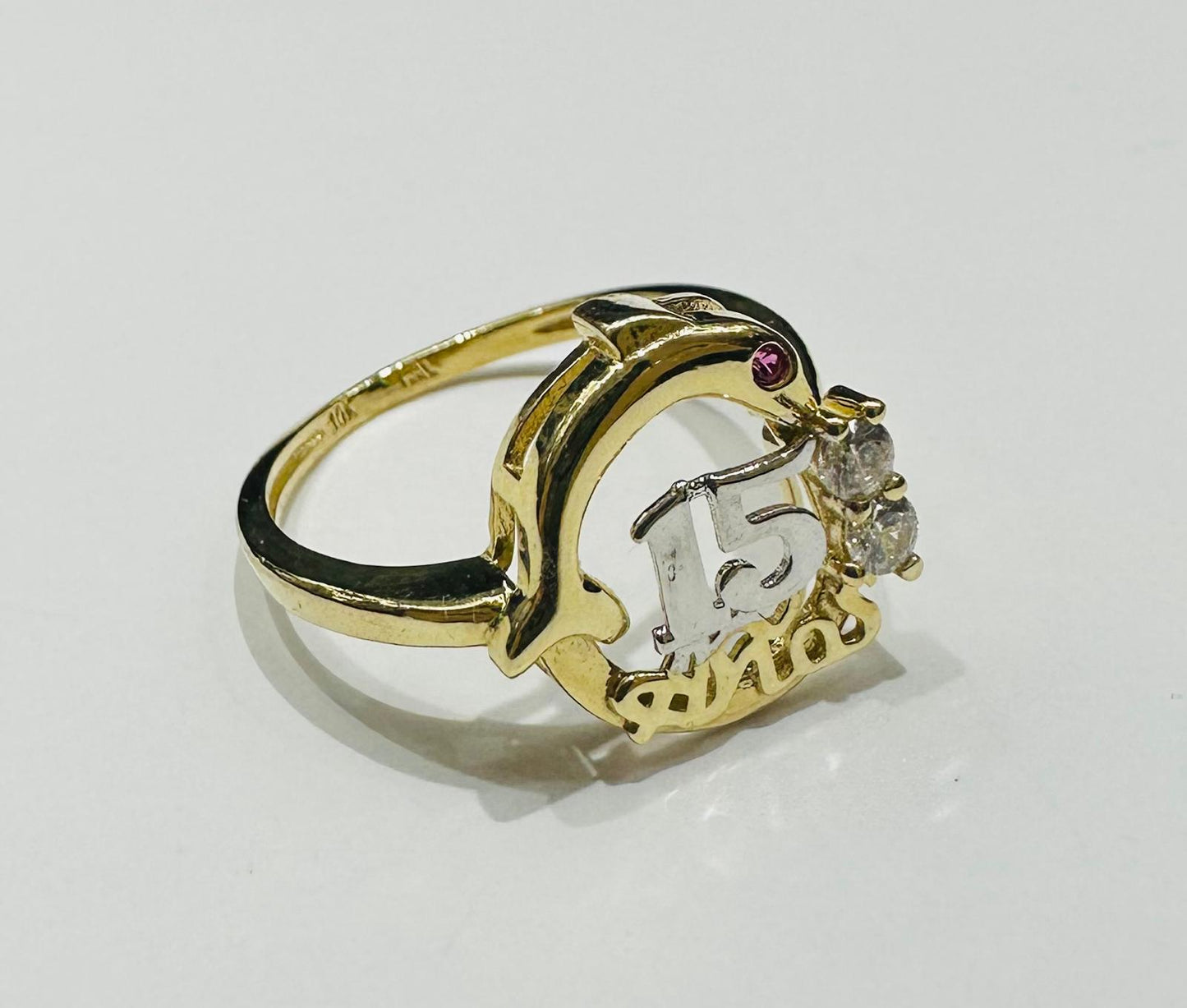 10K GOLD QUINCEANERA DOLPHIN RING WITH CZ STONES -SIZE: 7.0 WEIGHT: 1.8gm