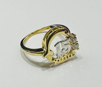 10K GOLD QUINCEANERA DOLPHIN RING WITH CZ STONES -SIZE: 7.0 WEIGHT: 1.8gm