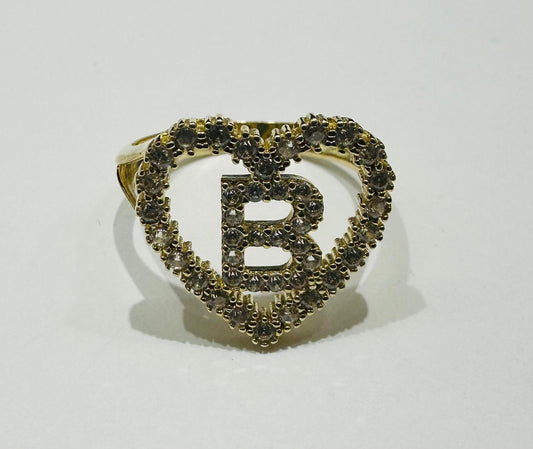 10K GOLD CZ STONES INITIAL LETTER "B" RING WITH A HEART -WEIGHT: 2.6gm