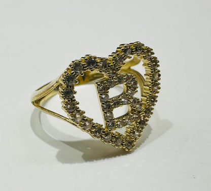 10K GOLD CZ STONES INITIAL LETTER "B" RING WITH A HEART -WEIGHT: 2.6gm
