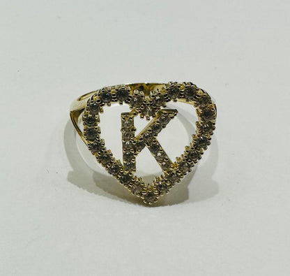 10K GOLD CZ STONES INITIAL LETTER "K" RING WITH A HEART -WEIGHT: 2.3gm