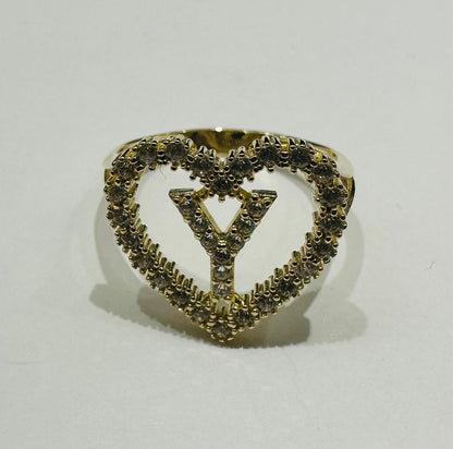 10K GOLD CZ STONES INITIAL LETTER "Y" RING WITH A HEART -WEIGHT: 2.5gm
