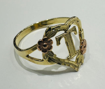 10K GOLD TWO TONED INITIAL LETTER "T" RING -WEIGHT: 1.7gm