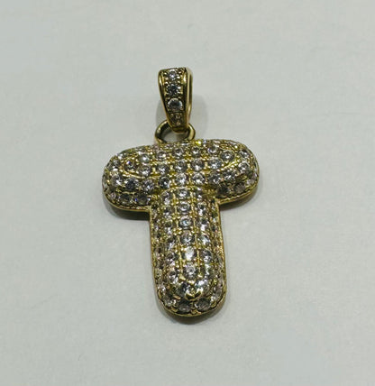 10K GOLD CZ STONE INITIAL LETTER "T" PENDANT