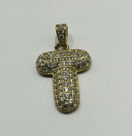 10K GOLD CZ STONE INITIAL LETTER "T" PENDANT