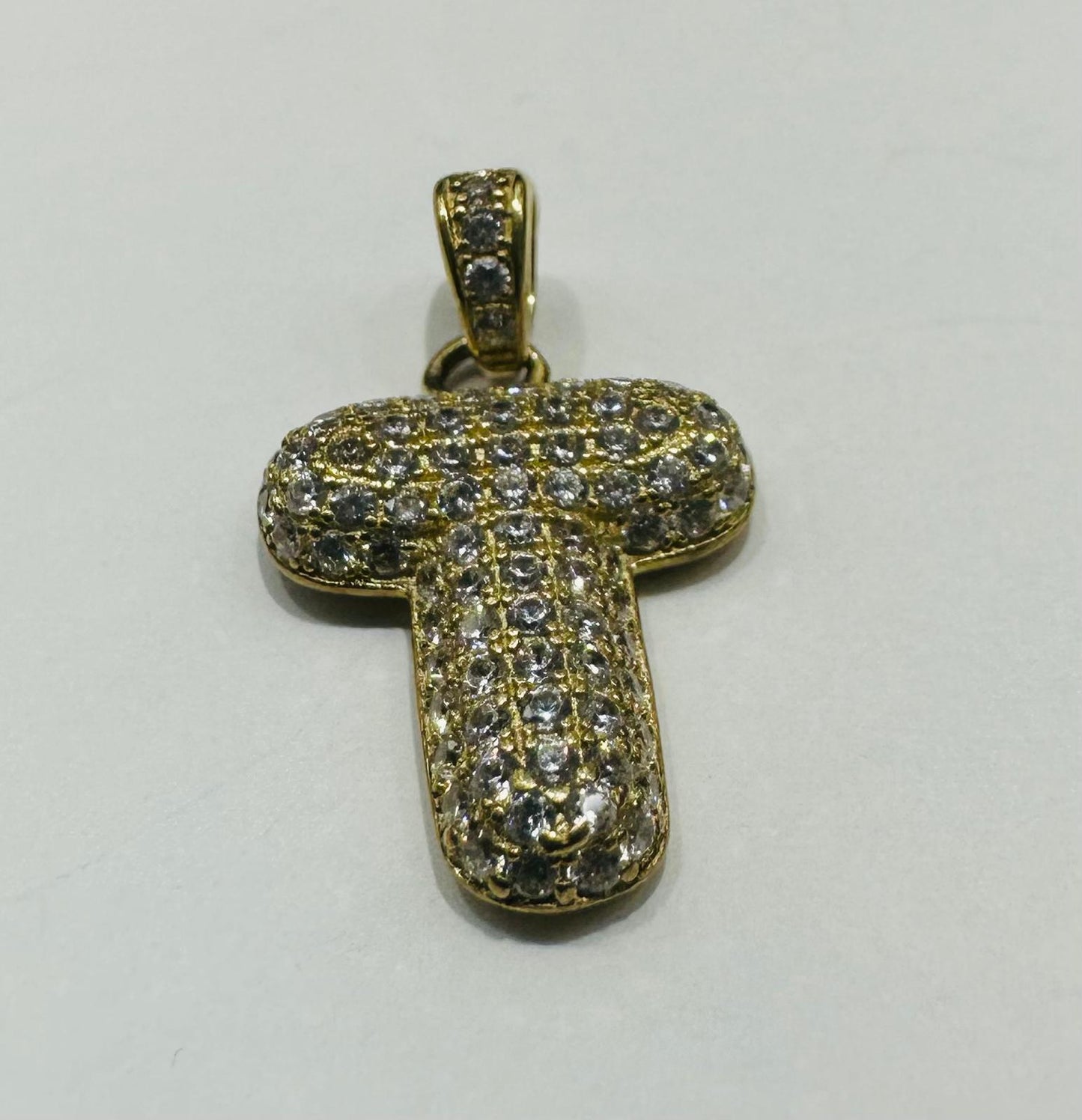 10K GOLD CZ STONE INITIAL LETTER "T" PENDANT