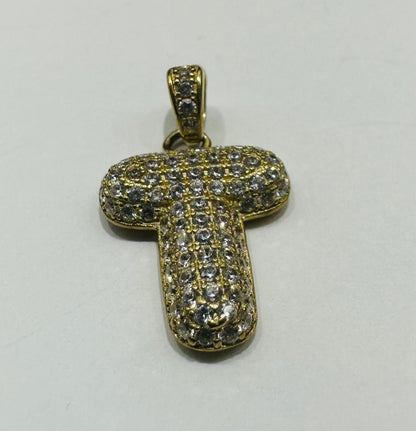 10K GOLD CZ STONE INITIAL LETTER "T" PENDANT