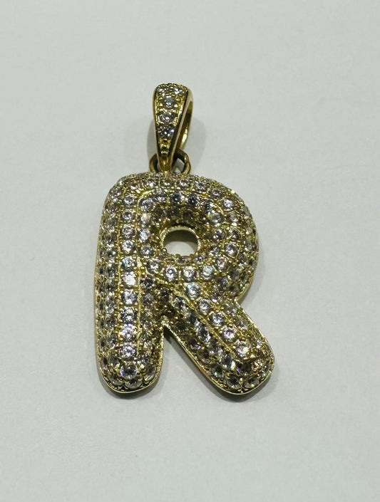 10K GOLD CZ STONE INITIAL LETTER "R" PENDANT - WEIGHT: 3.8gm