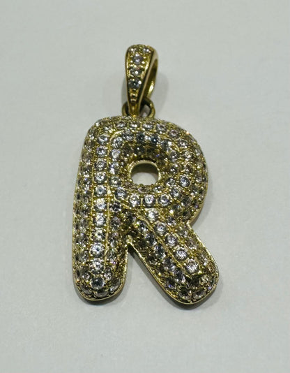 10K GOLD CZ STONE INITIAL LETTER "R" PENDANT - WEIGHT: 3.8gm