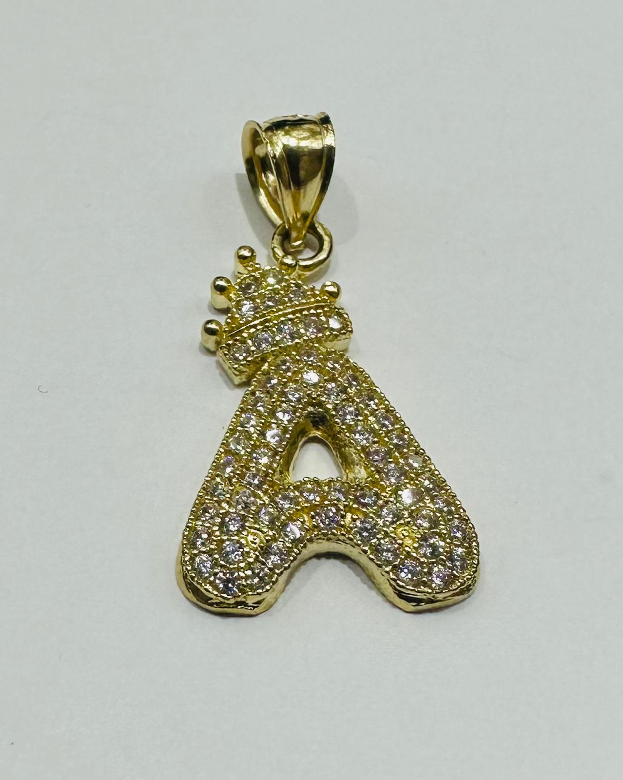10K GOLD CZ STONE INITIAL LETTER "A" WITH A CROWN PENDANT- WEIGHT: 2.6gm