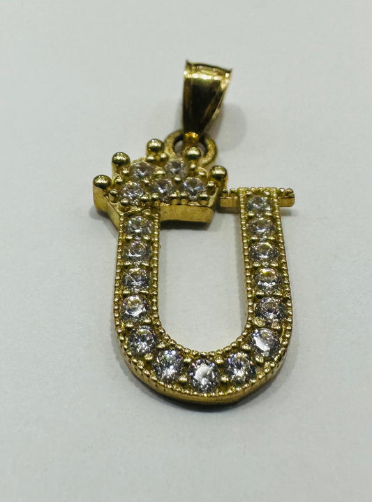 10K GOLD CZ STONE INITIAL LETTER "U" WITH A CROWN PENDANT