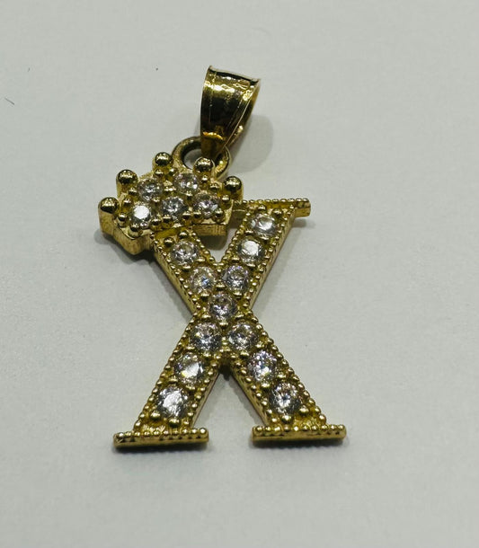 10K GOLD CZ STONE INITIAL LETTER "X" WITH A CROWN PENDANT