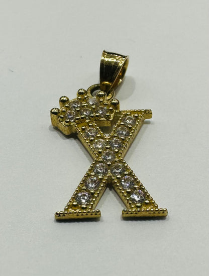 10K GOLD CZ STONE INITIAL LETTER "X" WITH A CROWN PENDANT