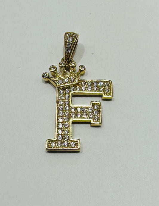 10K GOLD CZ STONE INITIAL LETTER "F" WITH A CROWN PENDANT- WEIGHT: 3.1gm