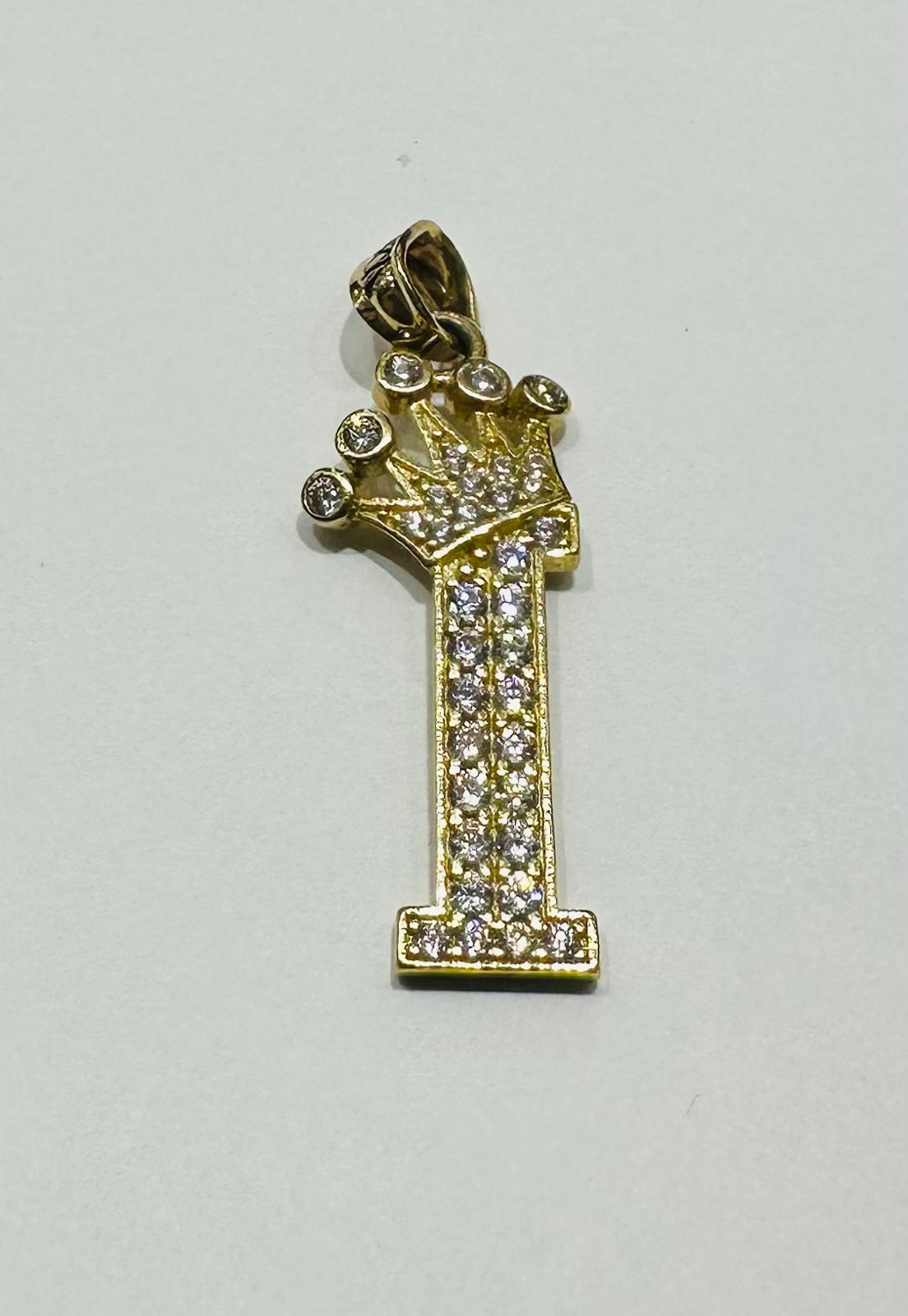 10K GOLD CZ STONE INITIAL LETTER "I" WITH A CROWN PENDANT