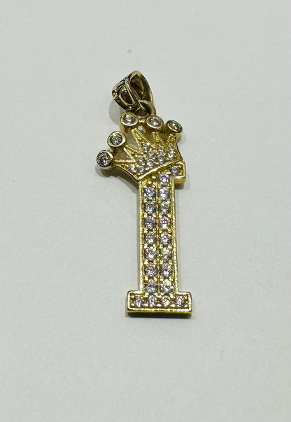 10K GOLD CZ STONE INITIAL LETTER "I" WITH A CROWN PENDANT