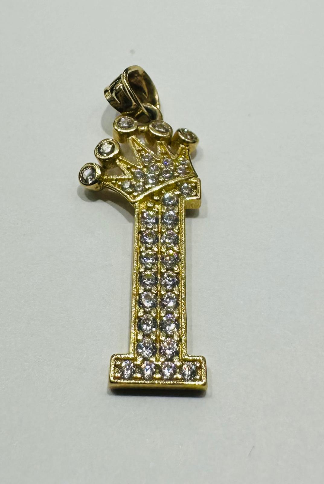 10K GOLD CZ STONE INITIAL LETTER "I" WITH A CROWN PENDANT