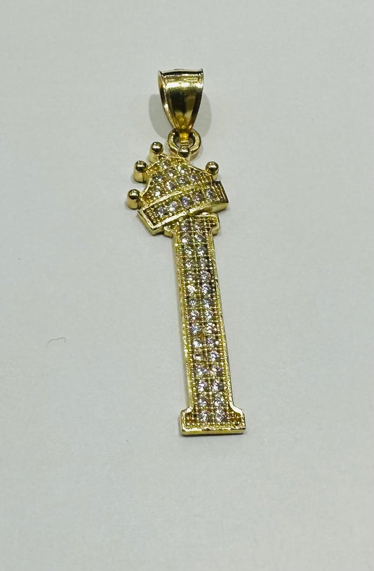 10K GOLD CZ STONE INITIAL LETTER "I" WITH A CROWN PENDANT- WEIGHT: 2.6gm