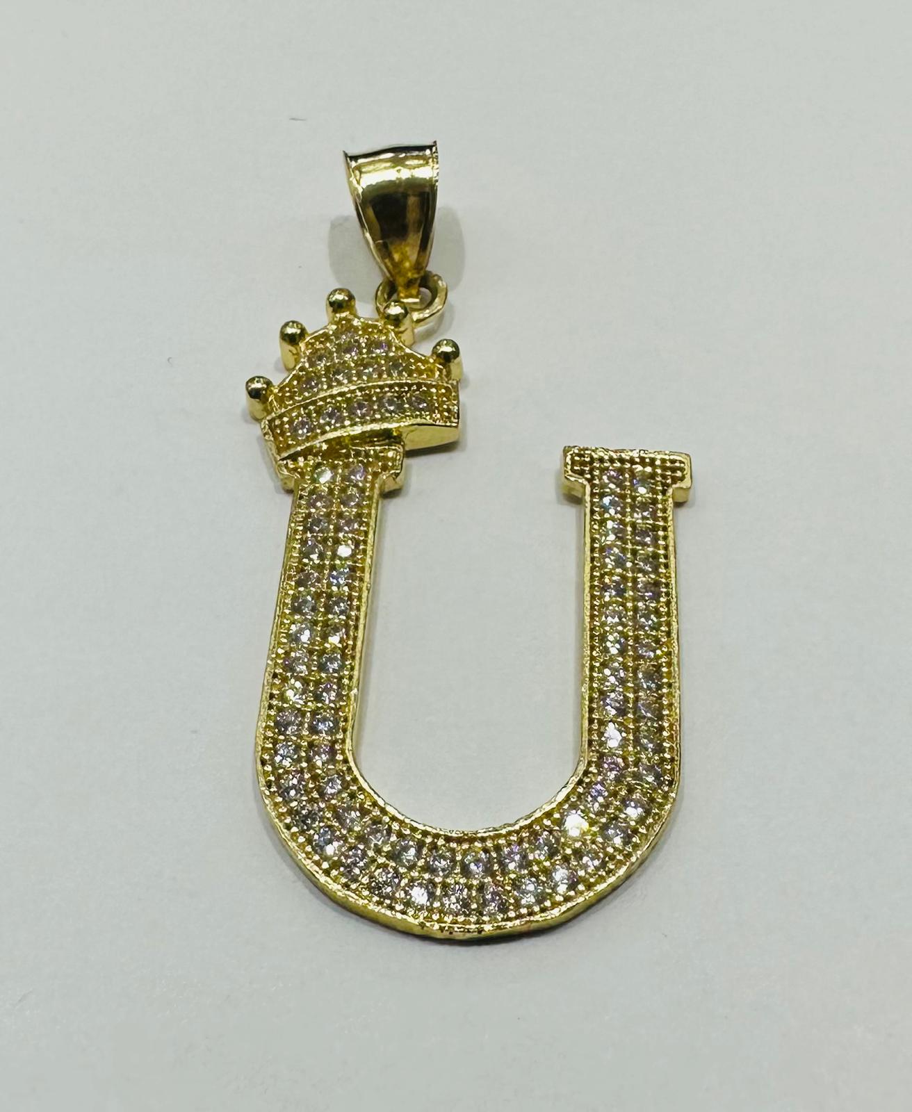 10K GOLD CZ STONE INITIAL LETTER "U" WITH A CROWN PENDANT- WEIGHT: 4.0gm