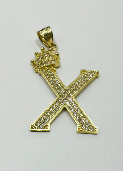 10K GOLD CZ STONE INITIAL LETTER "X" WITH A CROWN PENDANT- WEIGHT: 4.1gm