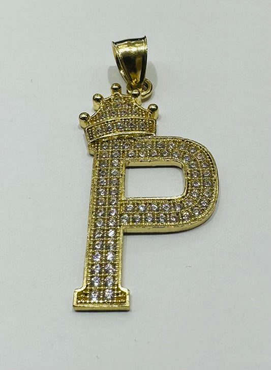 10K GOLD CZ STONE INITIAL LETTER "P" WITH A CROWN PENDANT- WEIGHT: 3.6gm