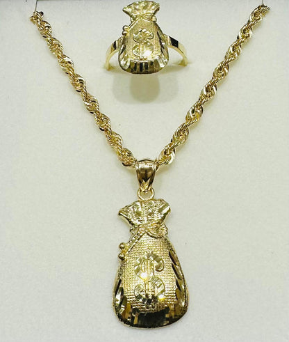 10K GOLD MONEY BAG NECKLACE, PENDANT, AND RING SET