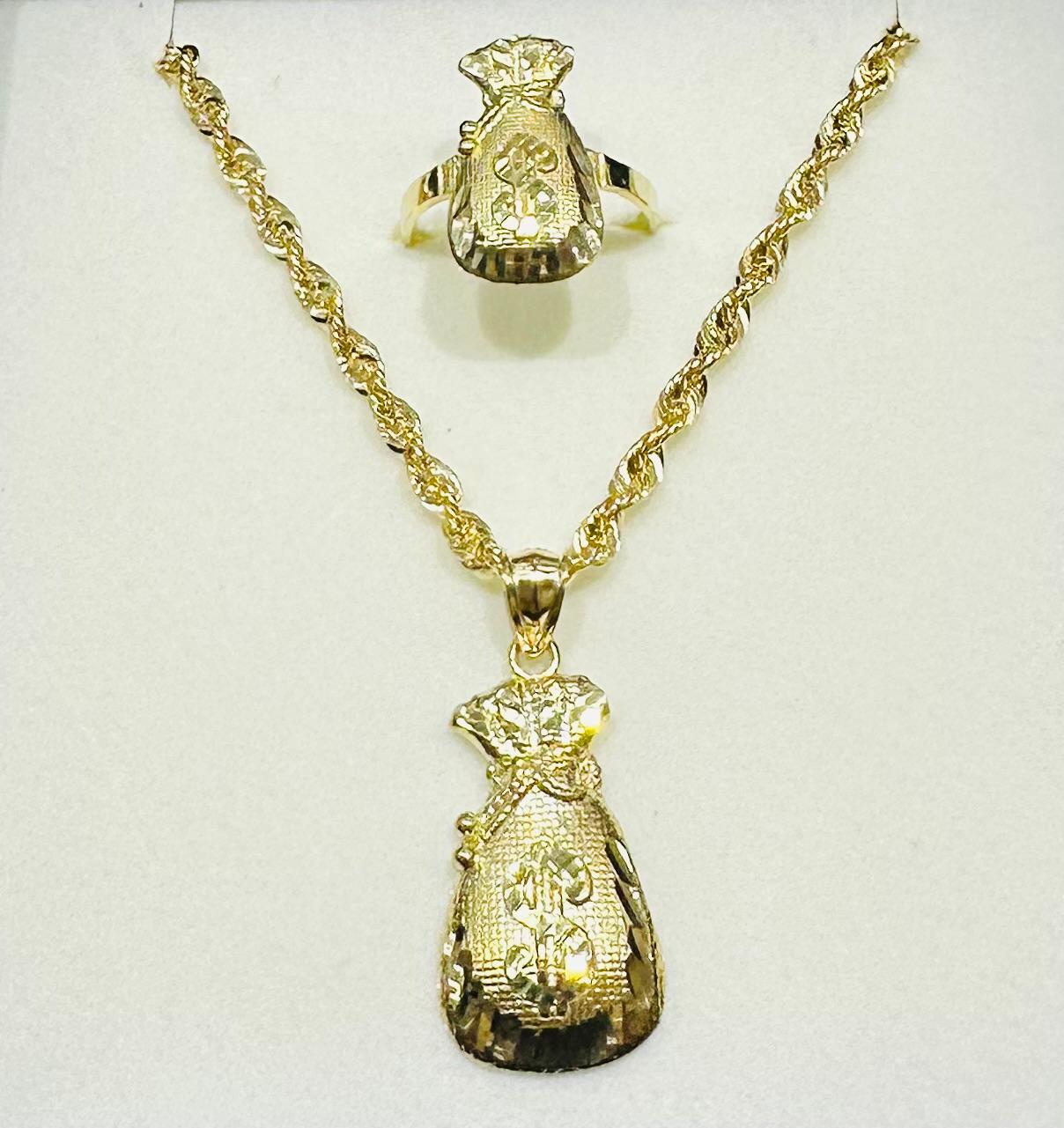 10K GOLD MONEY BAG NECKLACE, PENDANT, AND RING SET