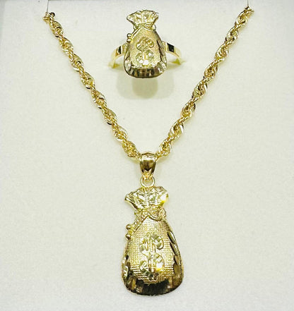 10K GOLD MONEY BAG NECKLACE, PENDANT, AND RING SET