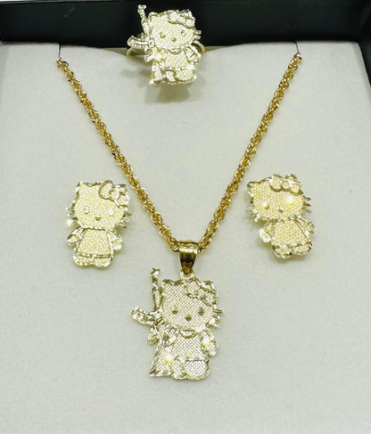10K GOLD KITTY AK-47 NECKLACE. PENDANT, RING AND EARRINGS SET