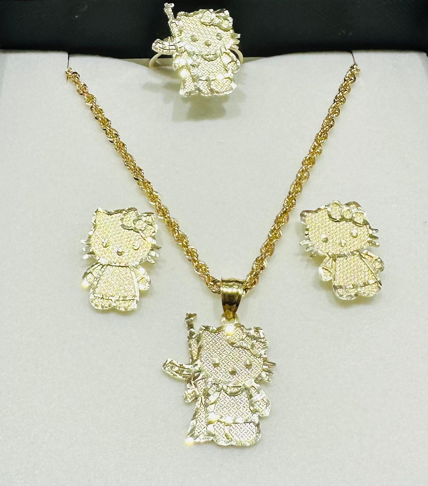 10K GOLD KITTY AK-47 NECKLACE. PENDANT, RING AND EARRINGS SET