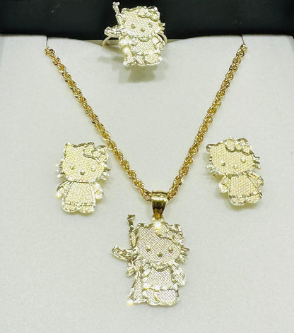 10K GOLD KITTY AK-47 NECKLACE. PENDANT, RING AND EARRINGS SET