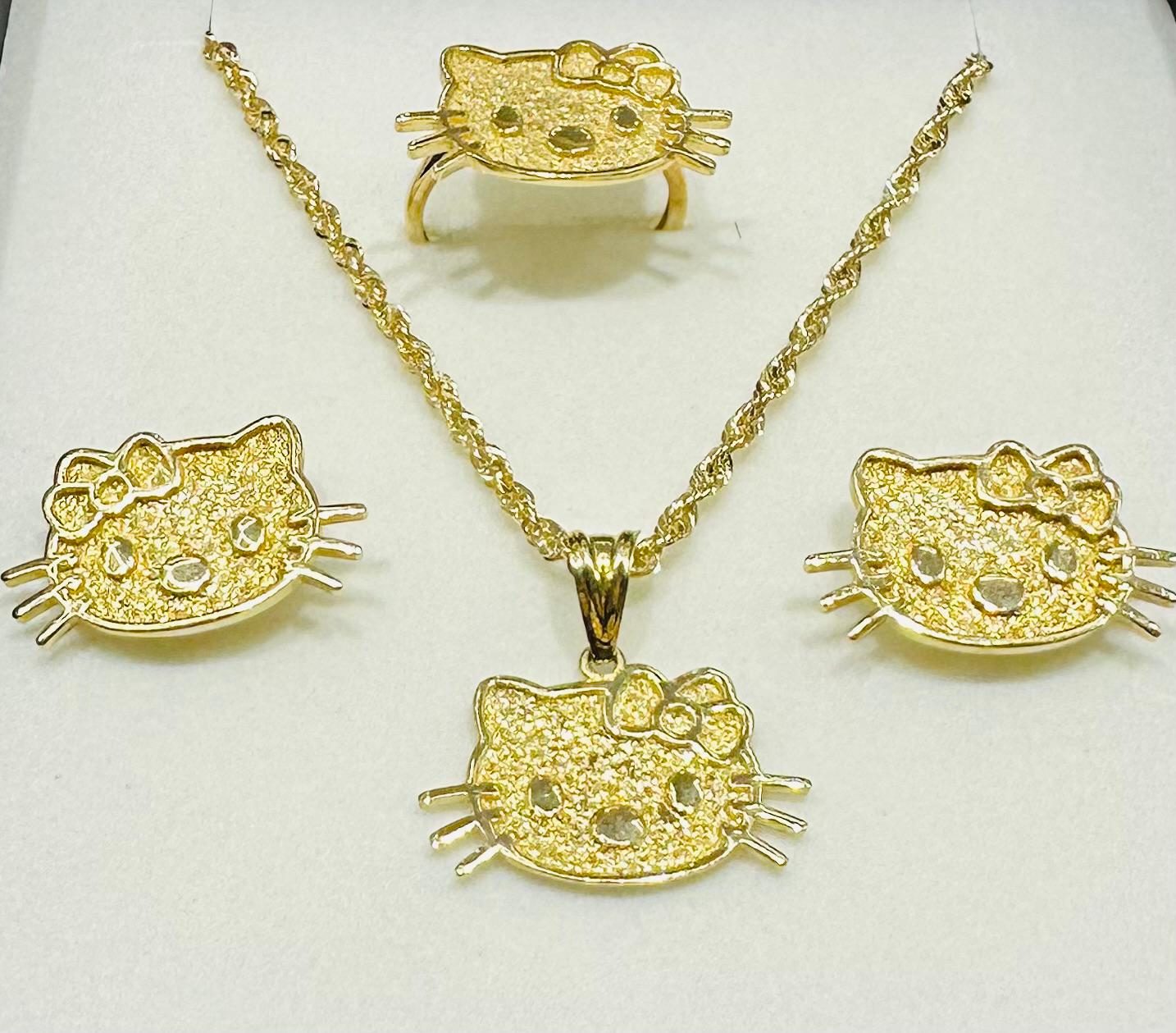 10K GOLD KITTY NECKLACE. PENDANT, RING AND EARRINGS SET