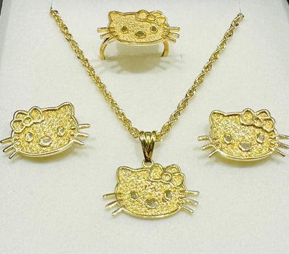 10K GOLD KITTY NECKLACE. PENDANT, RING AND EARRINGS SET