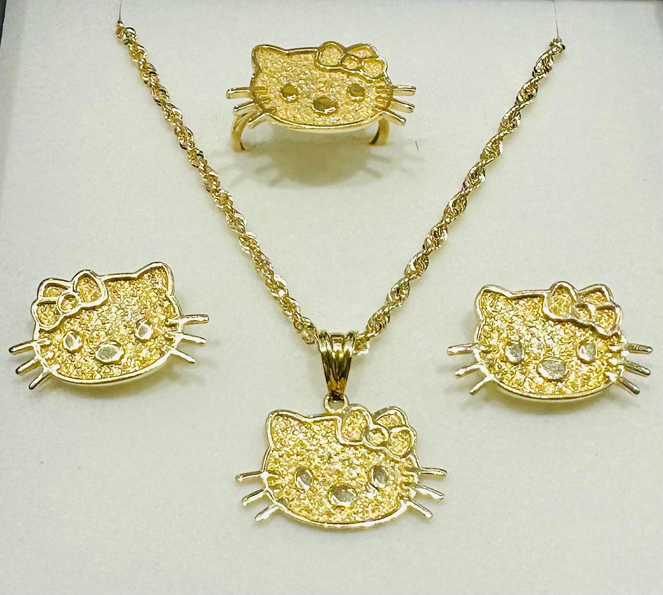 10K GOLD KITTY NECKLACE. PENDANT, RING AND EARRINGS SET