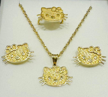 10K GOLD KITTY NECKLACE. PENDANT, RING AND EARRINGS SET