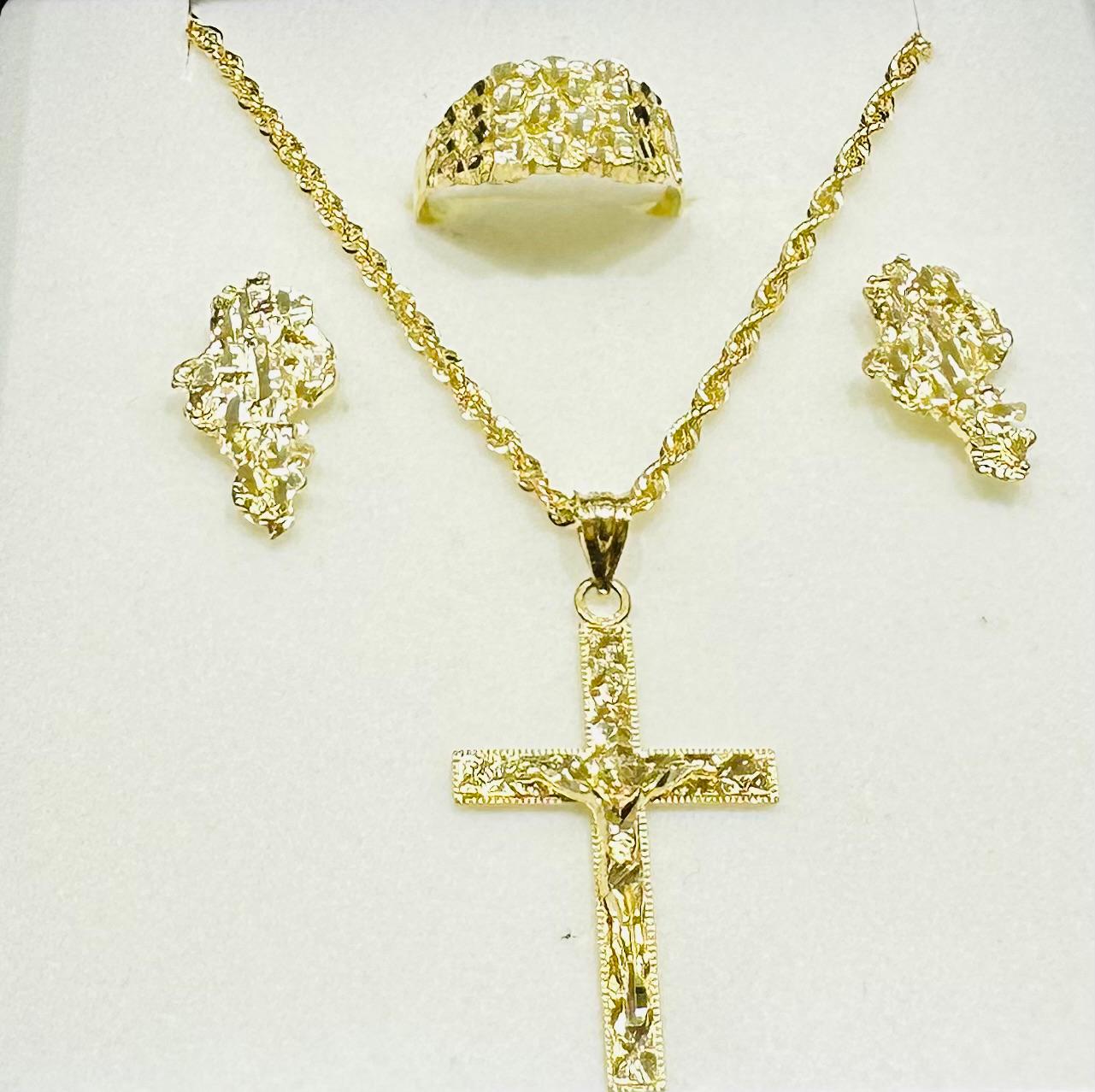 10K GOLD CROSS NECKLACE. PENDANT, RING AND EARRINGS SET