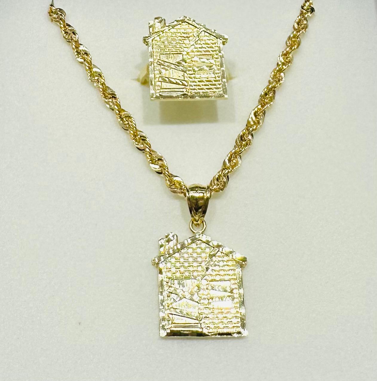 10K GOLD TRAP HOUSE NECKLACE, PENDANT, AND RING SET