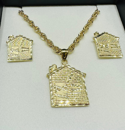 10K GOLD TRAP HOUSE NECKLACE. PENDANT, AND EARRINGS SET