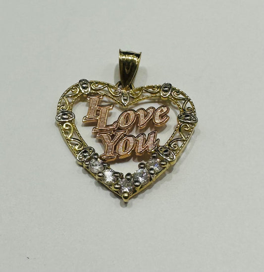 10K GOLD THREE TONED HEART "I LOVE YOU" PENDANT