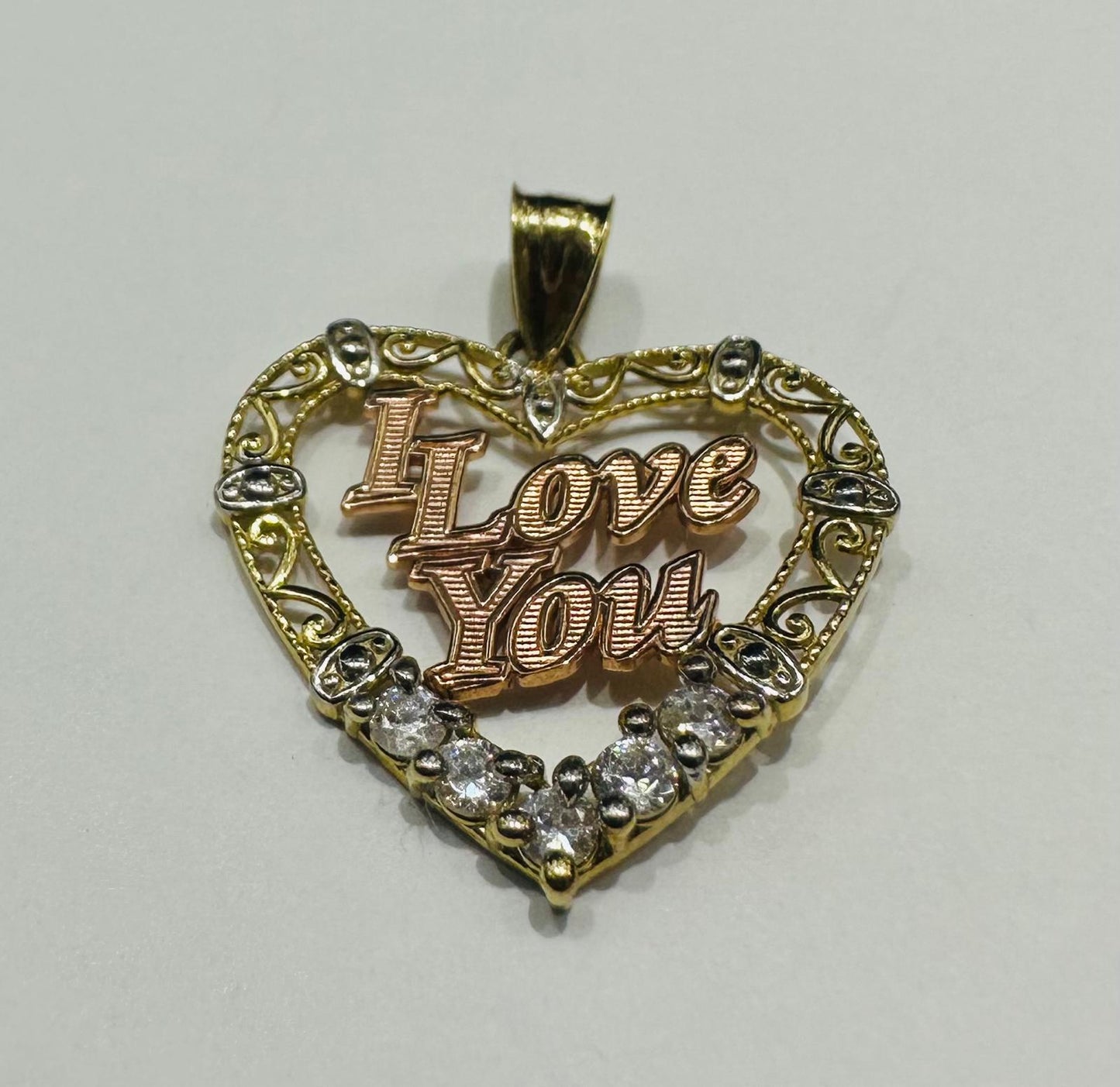 10K GOLD THREE TONED HEART "I LOVE YOU" PENDANT