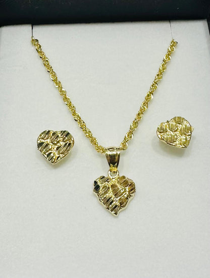 10K GOLD HEART NECKLACE, PENDANT, AND EARRINGS SET