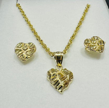 10K GOLD HEART NECKLACE, PENDANT, AND EARRINGS SET