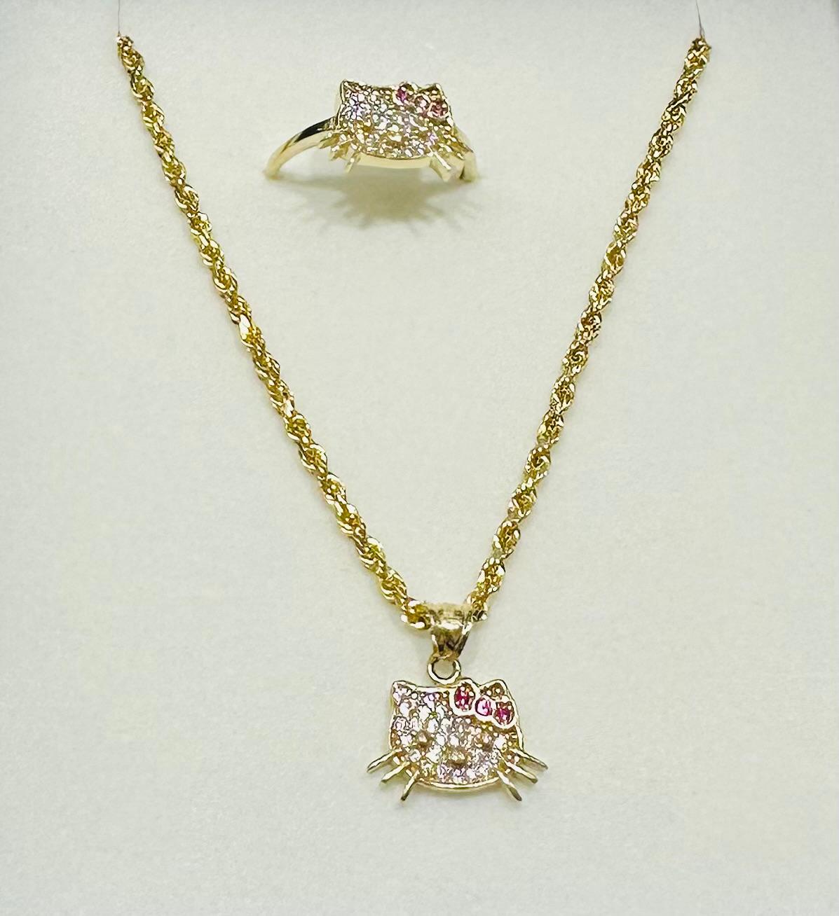 10K GOLD KITTY NECKLACE, PENDANT, AND RING SET WITH CZ STONES