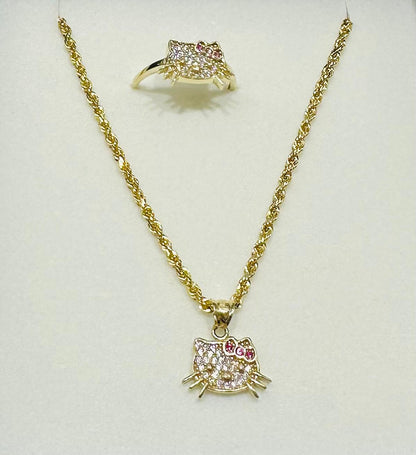10K GOLD KITTY NECKLACE, PENDANT, AND RING SET WITH CZ STONES